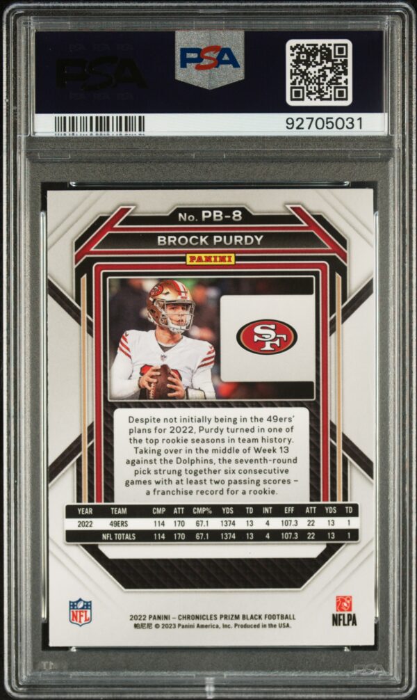 2022 Panini Chronicles Prizm Black PB8 Brock Purdy PSA 10 - Image 2