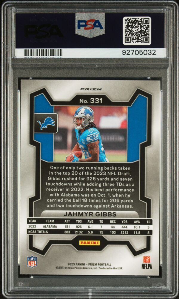 2023 PANINI PRIZM | SILVER PRIZM #331 JAHMYR GIBBS PSA 10 - Image 2