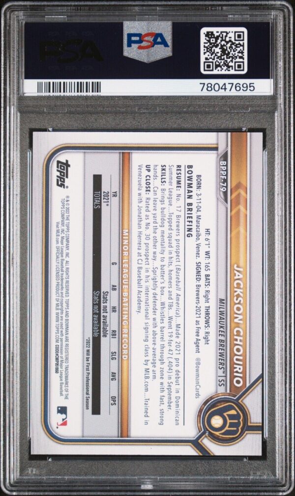 2022 BOWMAN 1ST EDITION 1ST BOWMAN JACKSON CHOURIO GEM MINT PSA 10 - Image 2