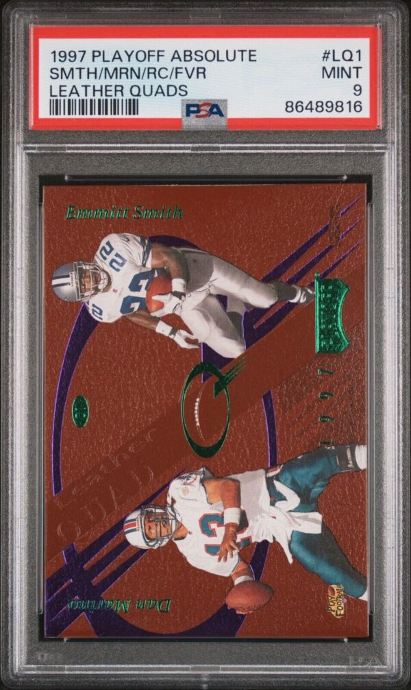 1997 PLAYOFF ABSOLUTE LEATHER QUADS #LQ1 FAVRE/MARINO/SMITH/RICE PSA 9